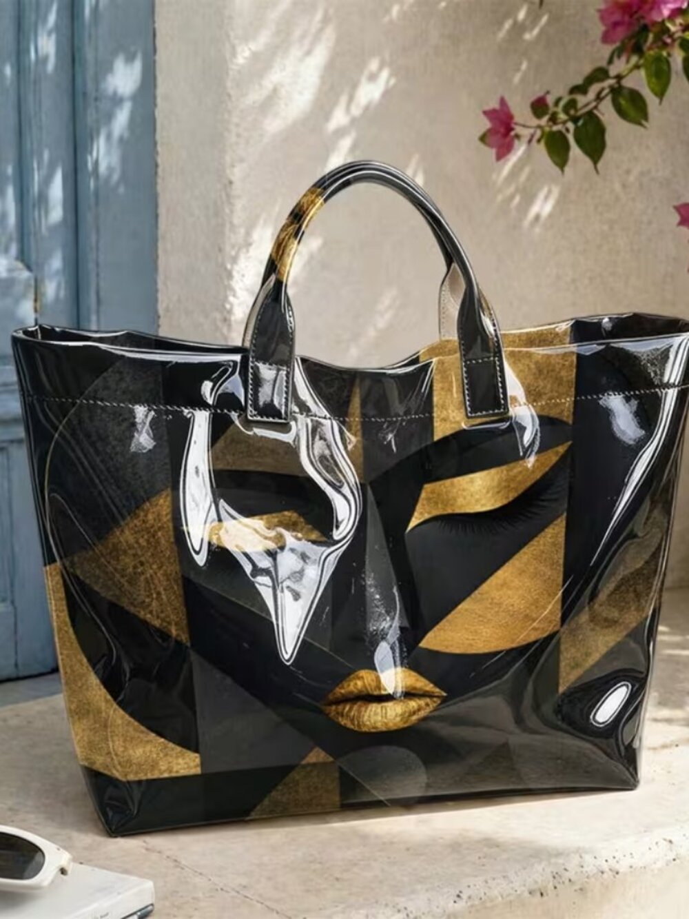 Black Gold Abstract Face Tote Bag Large Shopper Shoulder Bag Art Print Handbag - Picture 4 of 9